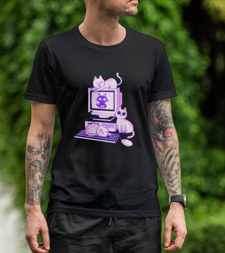 Cats Over Retro Computer With Pixel Art Cat On Screen T-Shirt