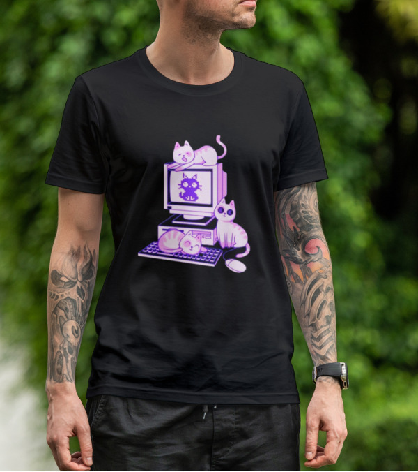 Cats Over Retro Computer With Pixel Art Cat On Screen T-Shirt