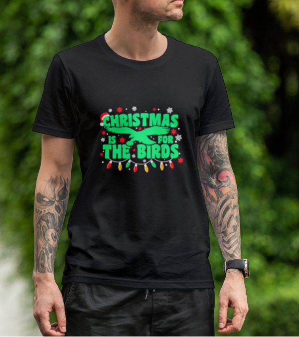 Christmas Is For The Birds Festive Holiday Lights Snowflakes Santa Hat T-Shirt
