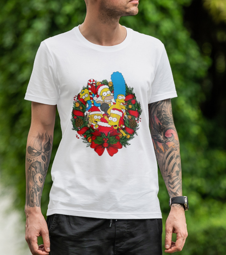 The Simpsons Holiday Wreath With Santa Hats And Candy Canes T-Shirt
