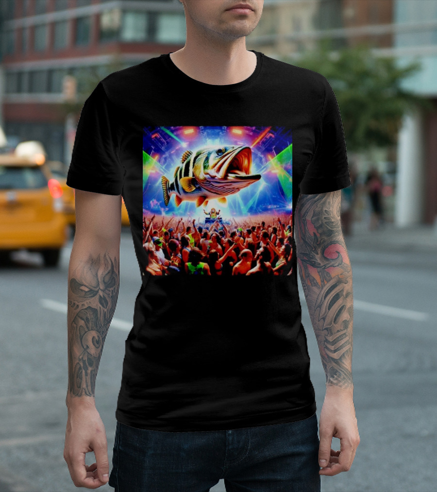 When the Bass Drops with Giant Fish Over Rave Crowd T-Shirt