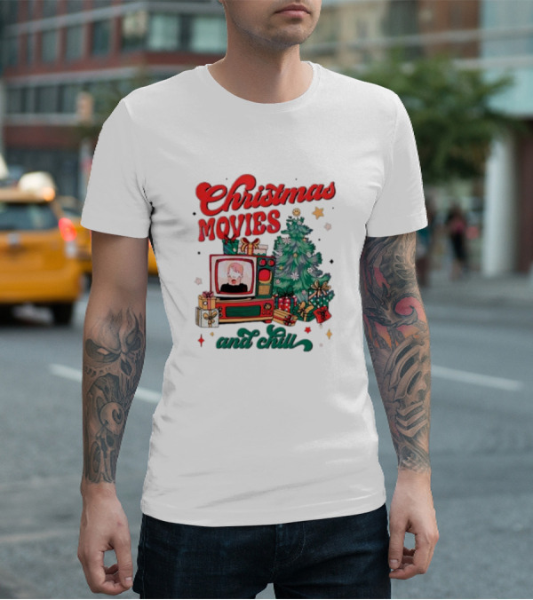 Christmas Movies And Chill Retro TV Christmas Tree Presents T-Shirt