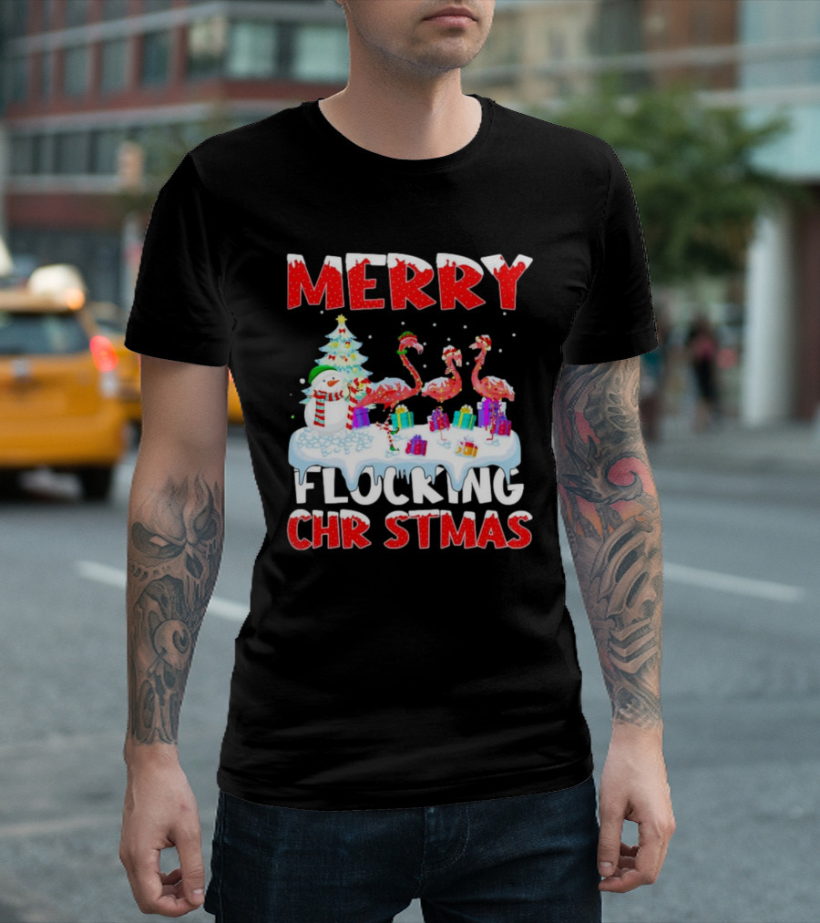 Merry Flocking Christmas Flamingo and Snowman Festive T-Shirt