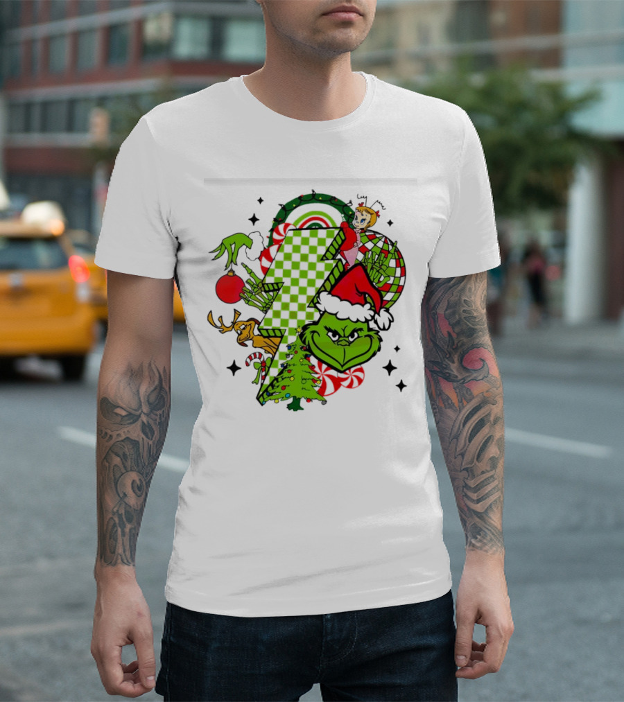 Grinch Christmas Checkered Lightning Bolt with Friends and Festive Decorations T-Shirt