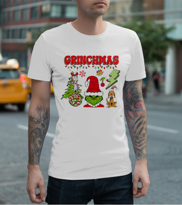 Grinch Grinchmas Red Hat Christmas Tree Max Dog Lightning Bolt Ornaments T-Shirt