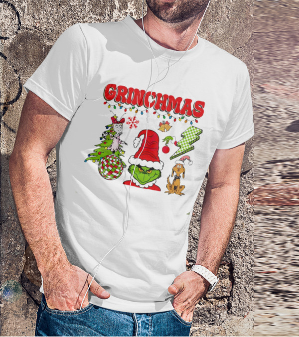 Grinch Grinchmas Red Hat Christmas Tree Max Dog Lightning Bolt Ornaments T-Shirt