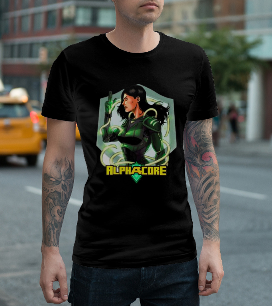 Ingrid Valdez Alphacore Heroic Green Warrior With Futuristic Elements T-Shirt