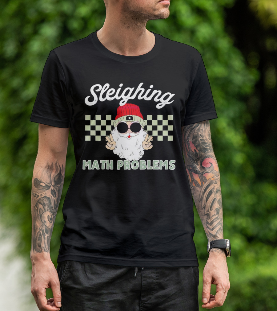 Sleighing Math Problems Santa Peace Sign Checkered Background T-Shirt
