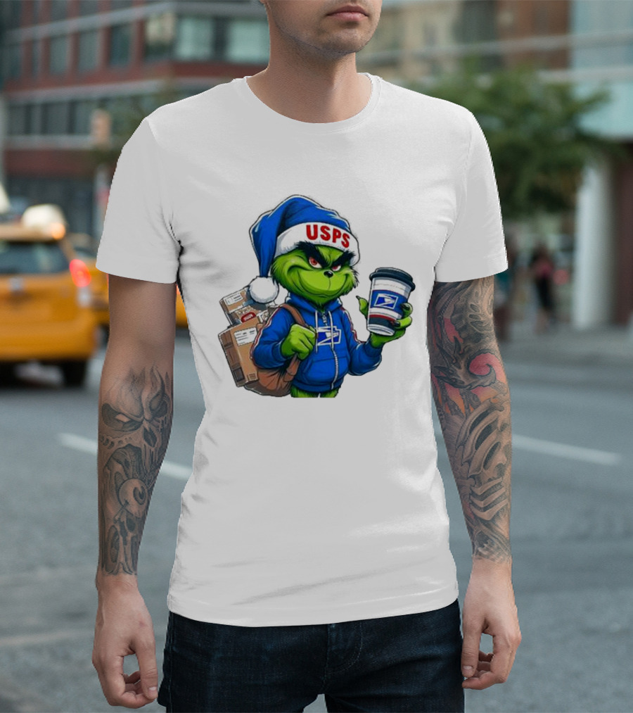 USPS Grinch Merry Christmas Delivery with Packages and Coffee T-Shirt