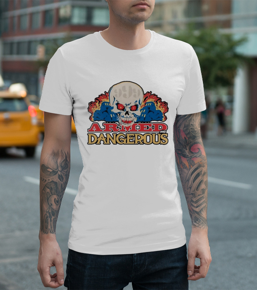 999 Club Armed and Dangerous Skull with Red Eyes and Flames T-Shirt
