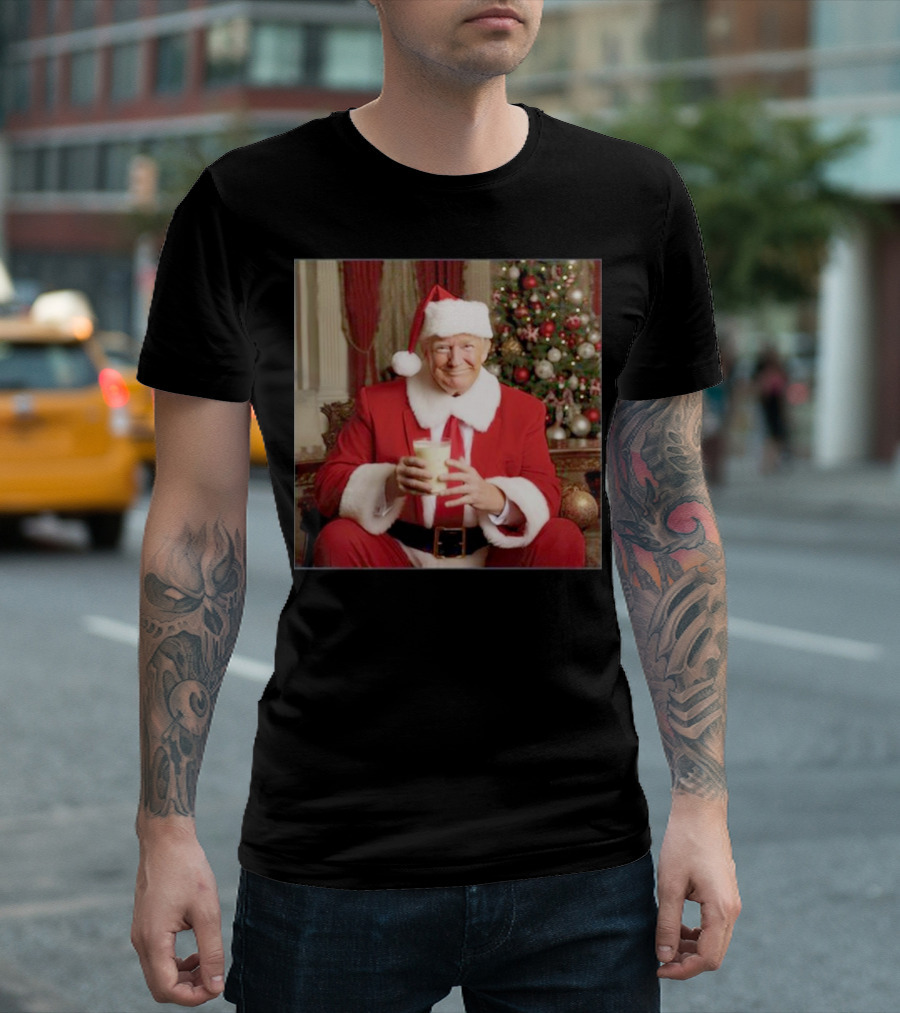 Santa Donald Trump Claus Christmas Drinking Milk by Festive Tree T-Shirt