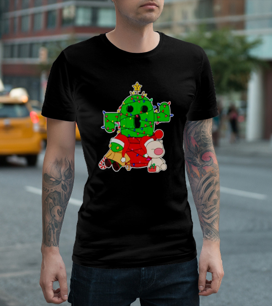 Christmas Moogle Cactuar Wrapped In Lights Star Topped Festive Scene T-Shirt