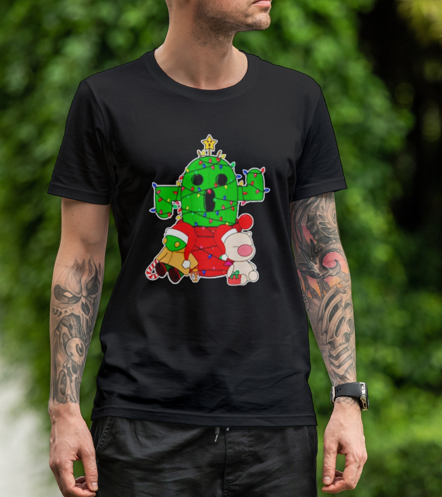 Christmas Moogle Cactuar Wrapped In Lights Star Topped Festive Scene T-Shirt