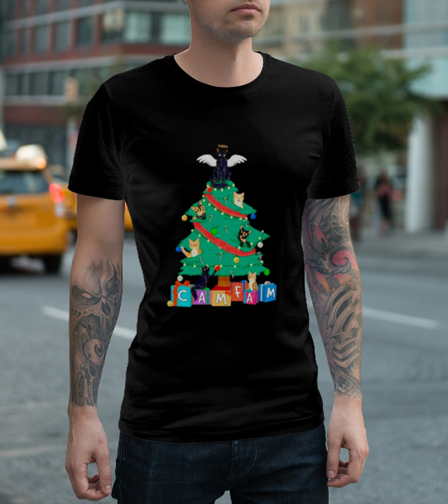 Cam Fam Christmas Tree With Cats And Holiday Blocks T-Shirt