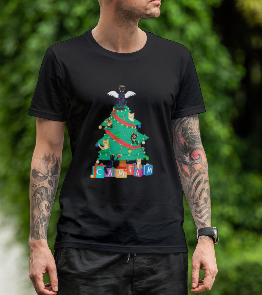 Cam Fam Christmas Tree With Cats And Holiday Blocks T-Shirt
