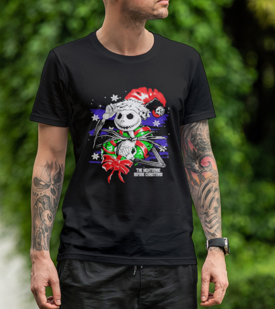 The Nightmare Before Christmas Jack Skellington In Santa Hat And Grinch Green Scarf T-Shirt