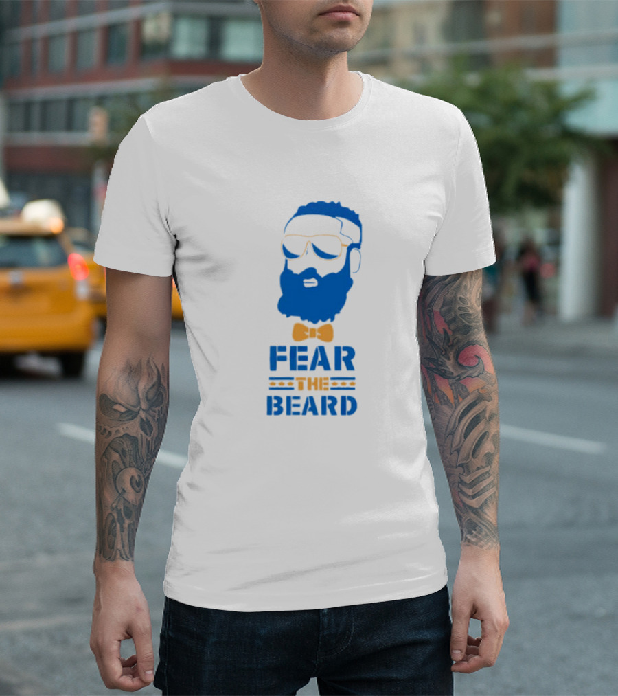 James Harden Basketball Fear the Beard Iconic Blue and Orange T-Shirt