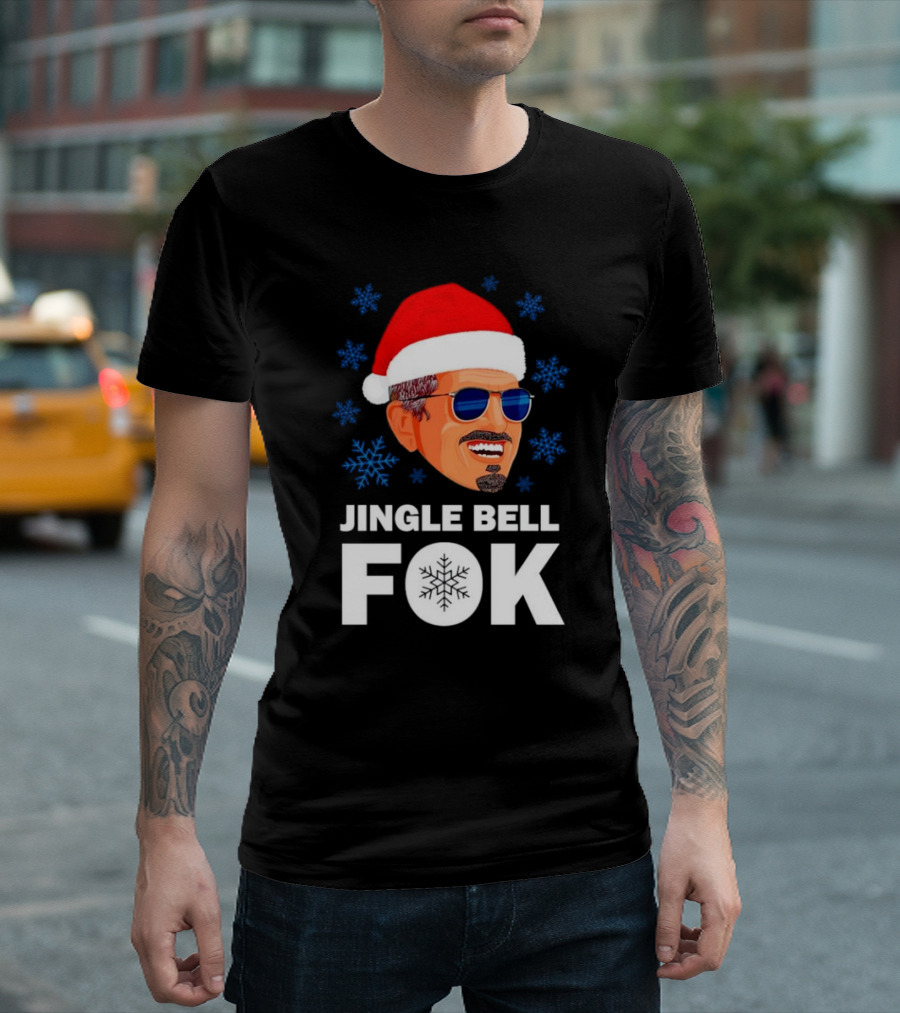 Jingle Bell Fok Santa Christmas Snowflakes Santa Hat Blue Sunglasses T-Shirt