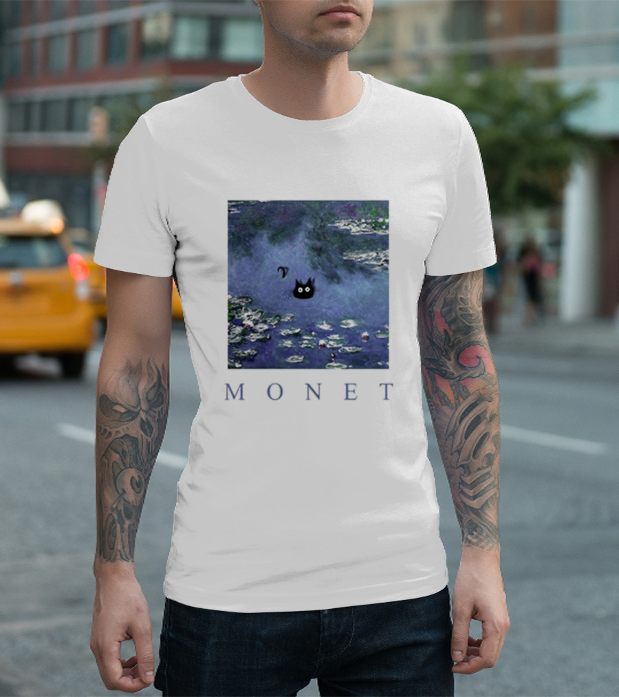 Monet Waterlily Black Cat in Pond with Monet Text T-Shirt