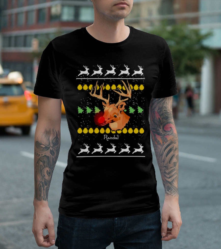 Randal Reindeer Festive Holiday Pattern with Red Nose and Antlers T-Shirt