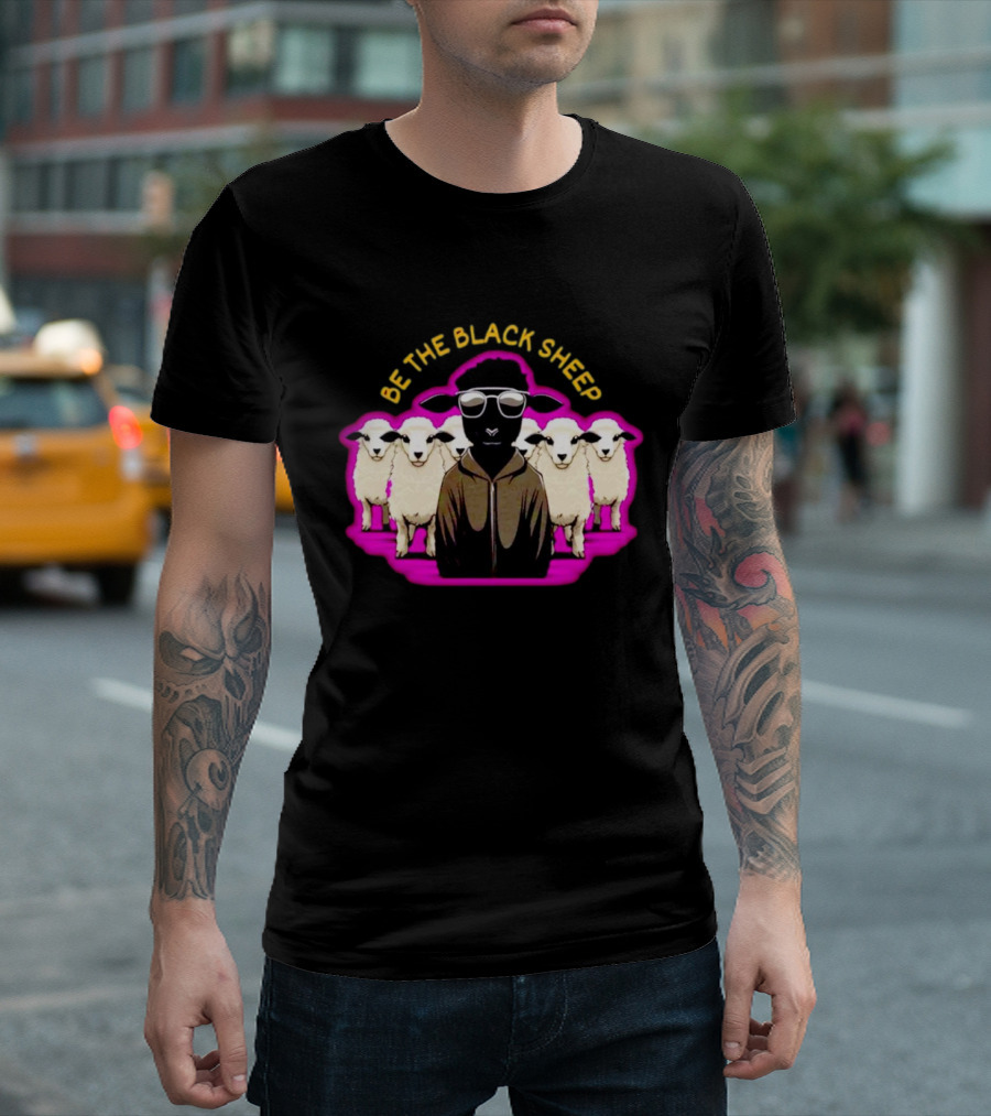 BE THE BLACK SHEEP Cool Black Sheep With Sunglasses Standing Out In A Flock T-Shirt
