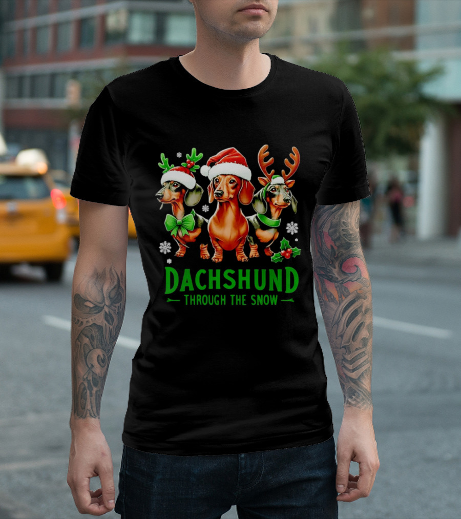 Dachshund Through the Snow Santa Hat Reindeer Antlers Christmas Bow T-Shirt