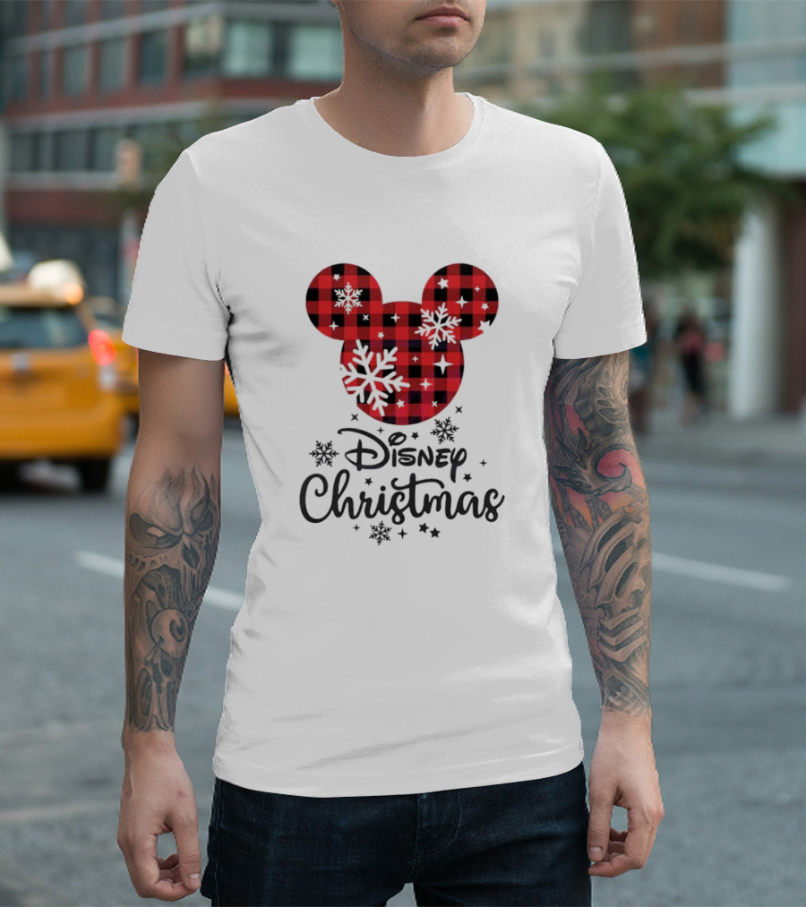Disney Christmas Plaid Mouse Head With Snowflakes T-Shirt