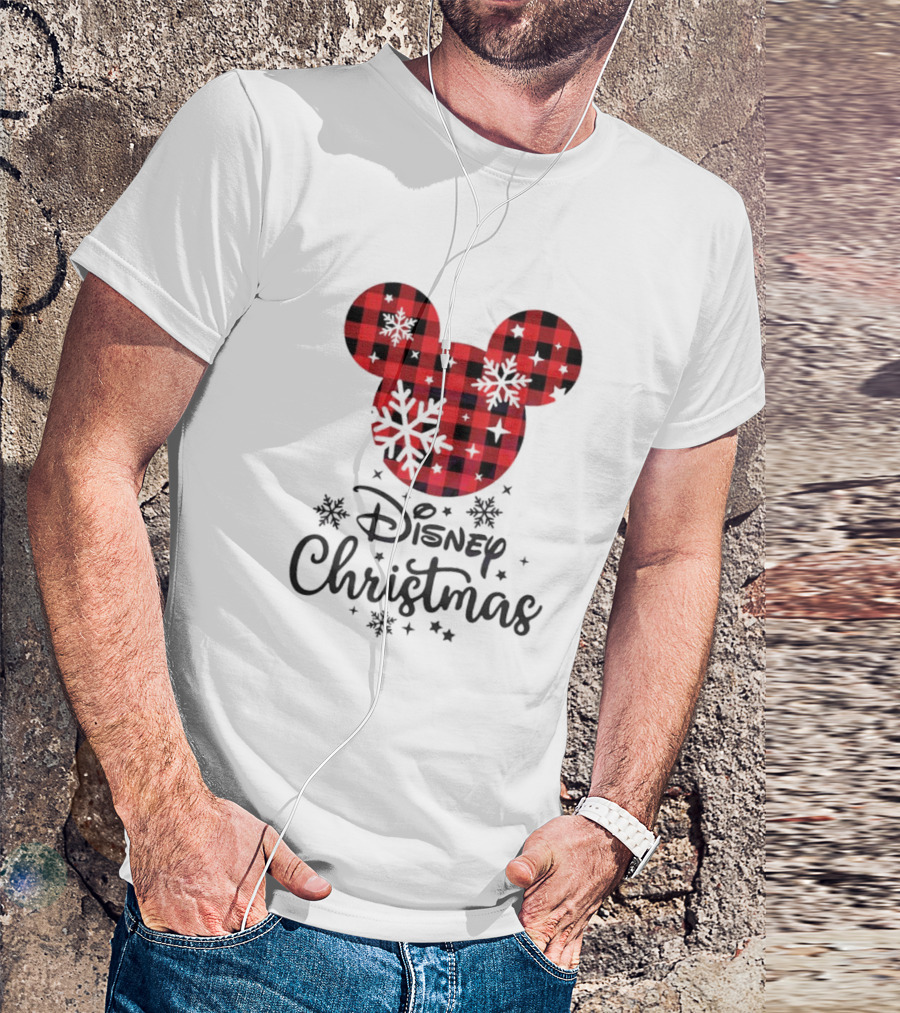 Disney Christmas Plaid Mouse Head With Snowflakes T-Shirt