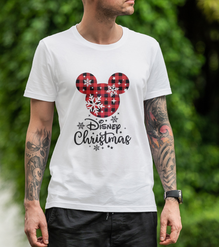 Disney Christmas Plaid Mouse Head With Snowflakes T-Shirt