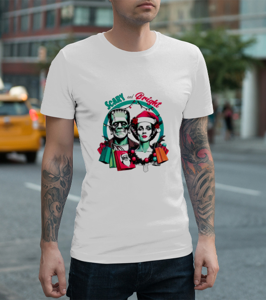 Scary and Bright Horror Christmas Frankenstein and Bride Festive Lights T-Shirt
