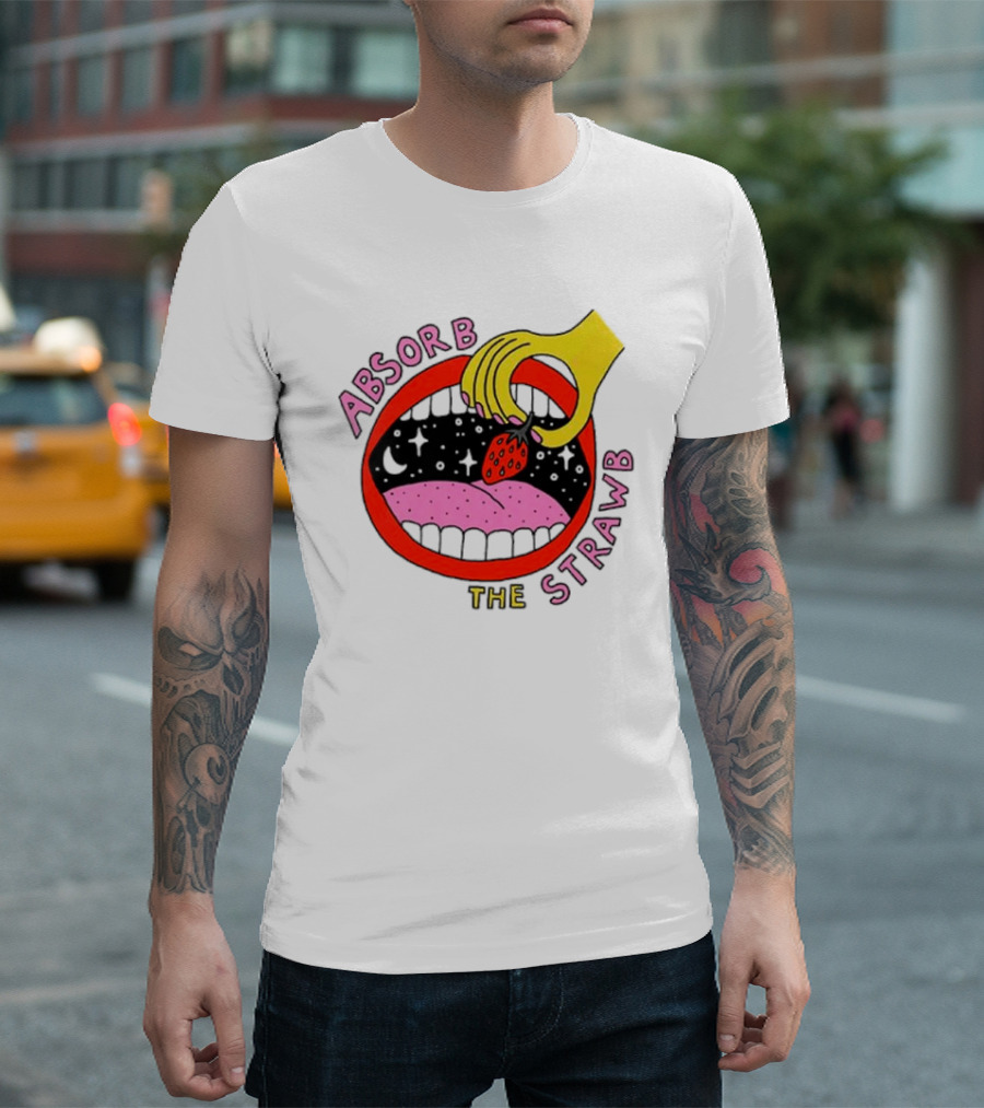Absorb the Strawb Strawberry Imagery with Hand and Mouth T-Shirt