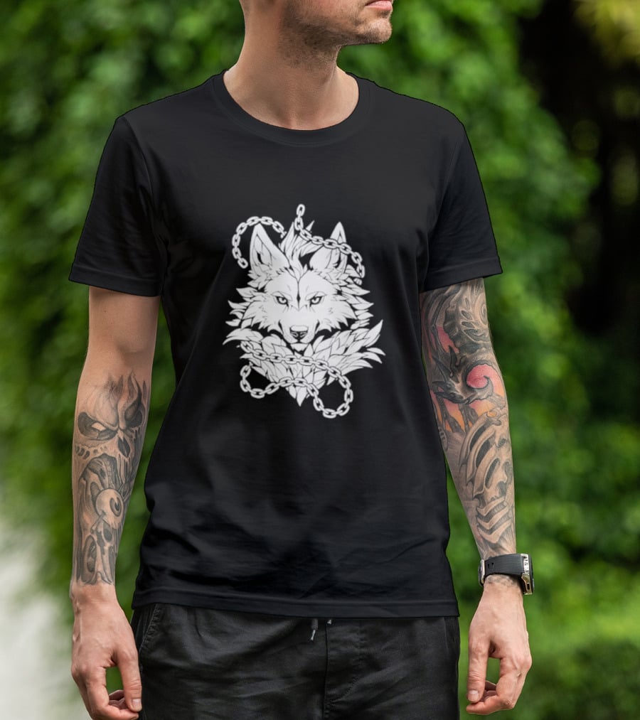 Wolf And Chains Intricate Black White T-Shirt