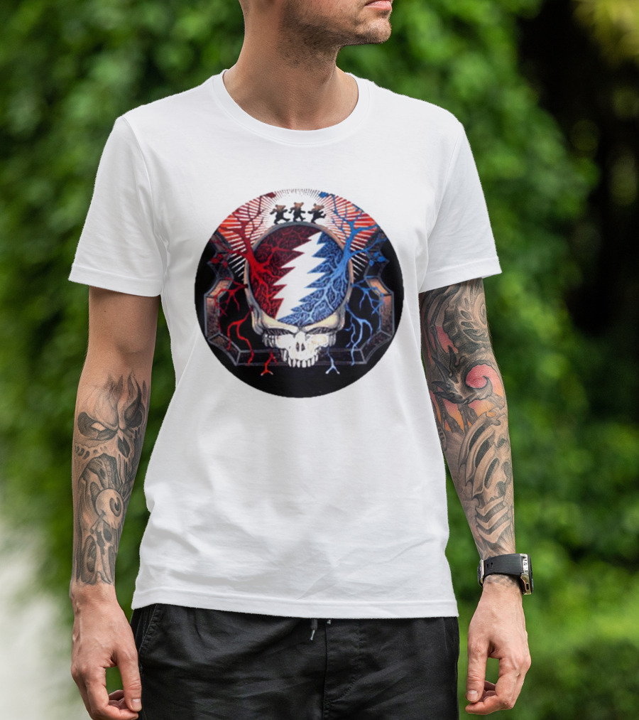Grateful Dead Skull Bear Red Blue Lightning Bolt Circle T-Shirt