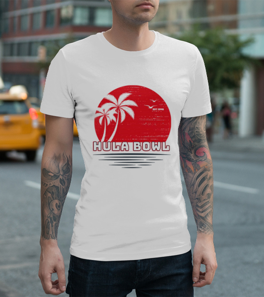 Hula Bowl Established 1946 Red Sunset with Palm Trees T-Shirt
