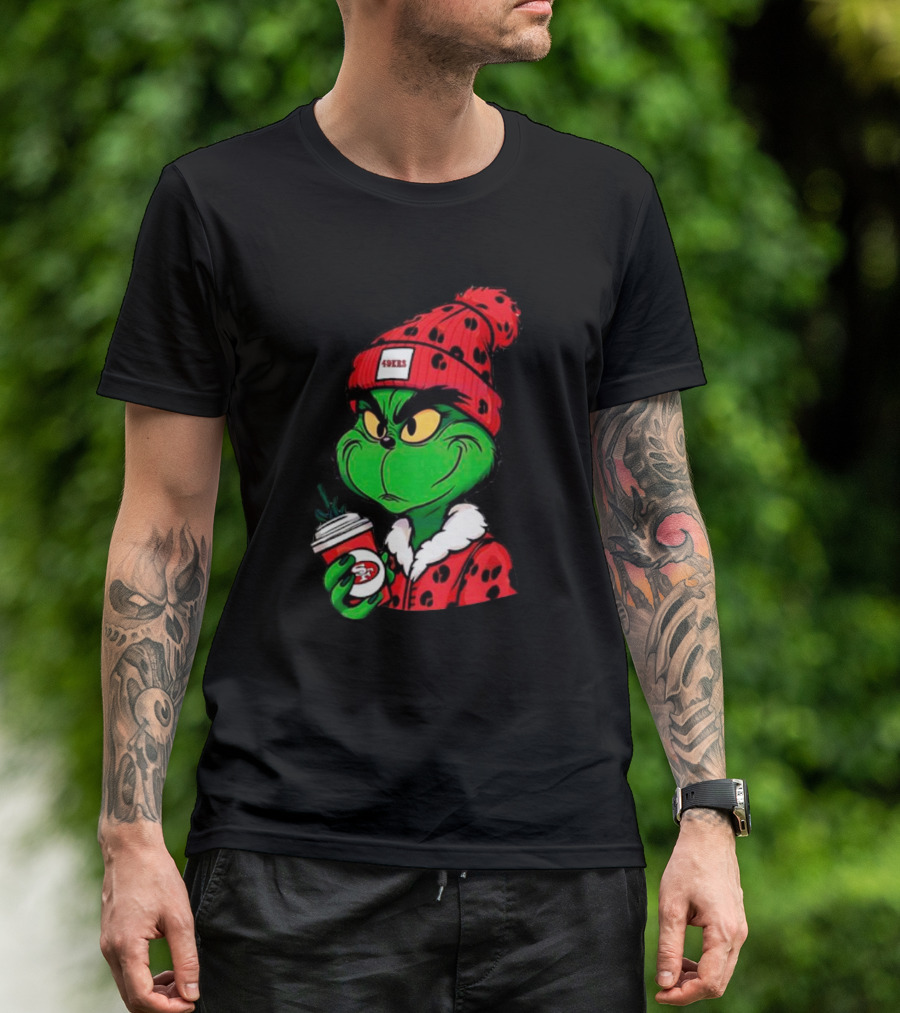 Grinch Boujee San Francisco 49ers Coffee Beanie Christmas 49ers T-Shirt