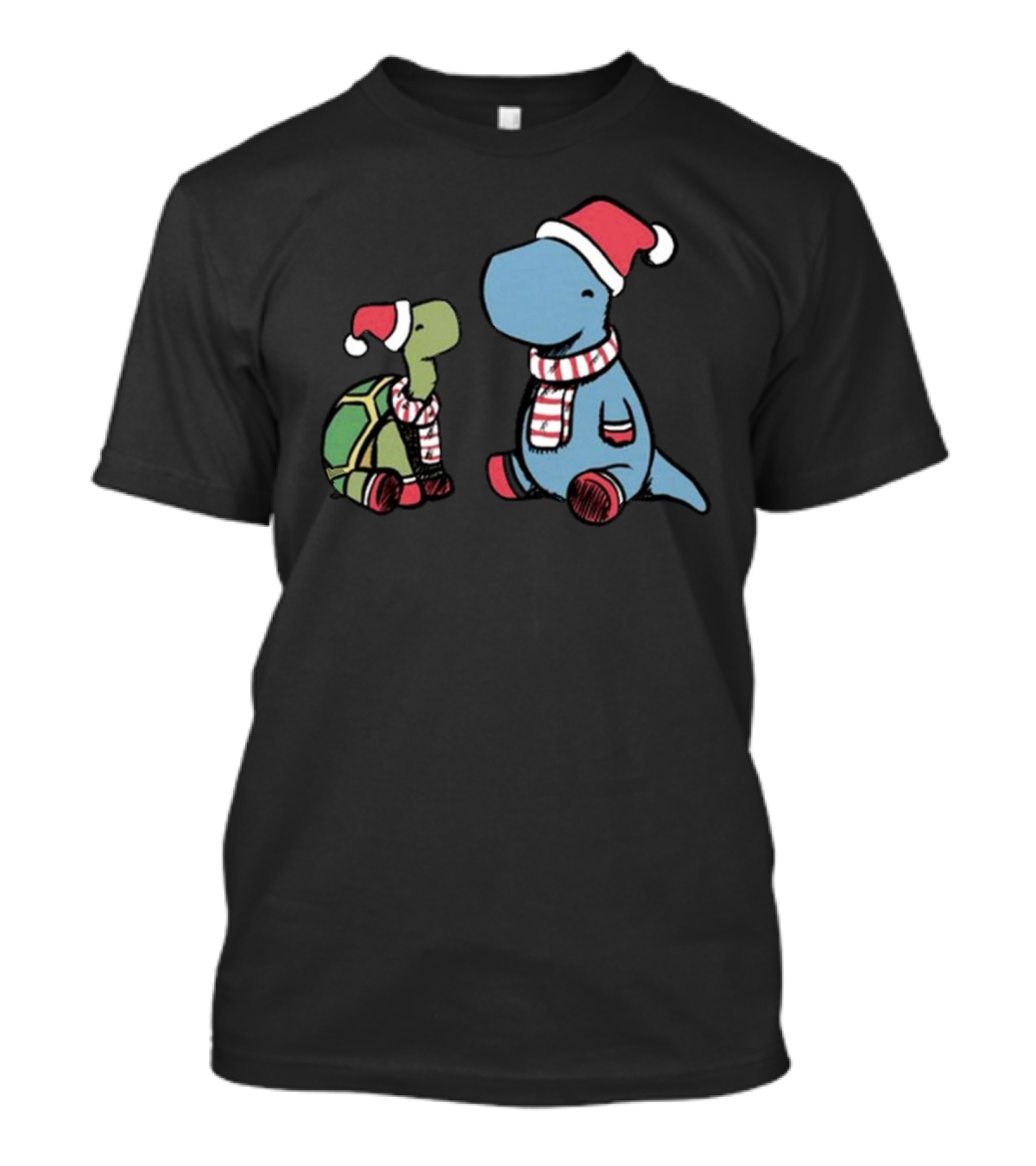Dinosaur Christmas Tortoise And Dino In Santa Hats And Scarves T-Shirt