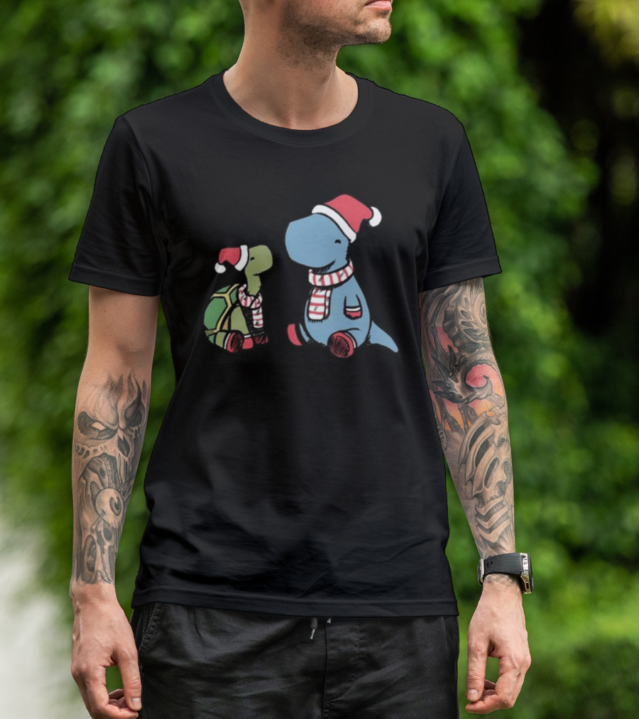 Dinosaur Christmas Tortoise And Dino In Santa Hats And Scarves T-Shirt