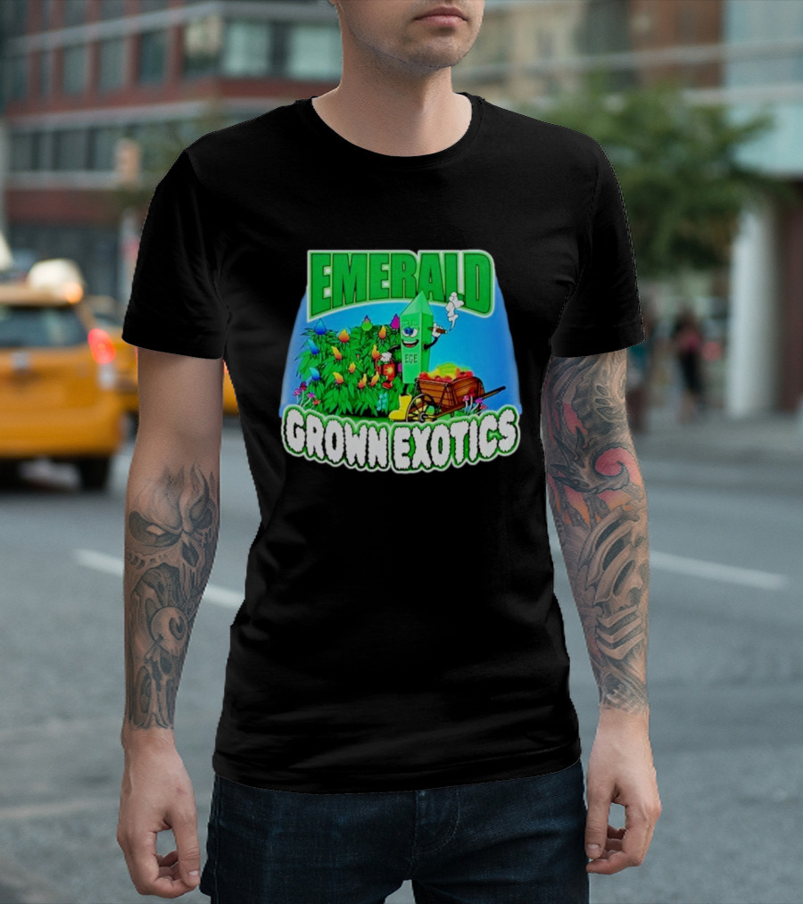 Emerald Grown Exotics Colorful Harvest with EGE Mascot and Wagon T-Shirt