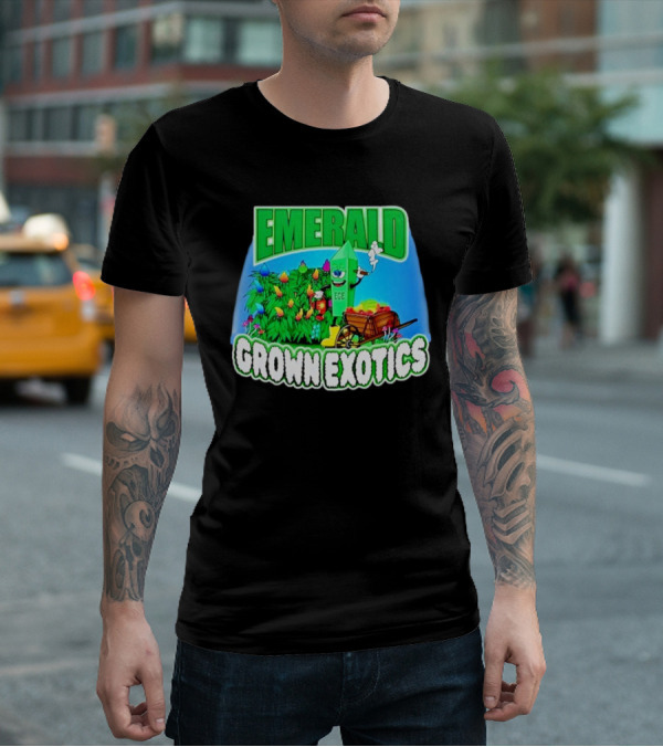 Emerald Grown Exotics Colorful Harvest With EGE Mascot And Wagon T-Shirt