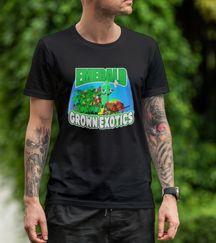 Emerald Grown Exotics Colorful Harvest With EGE Mascot And Wagon T-Shirt