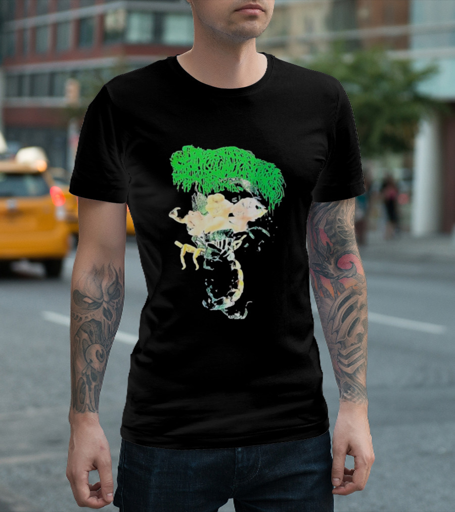 Sanguisugabogg Homicidal Ecstacy Abstract Green Dripping Text with Floral Skull and Spine T-Shirt