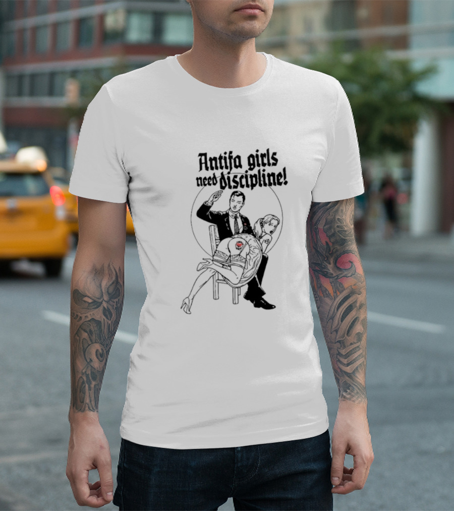 Antifa Girls Need Discipline Retro Style Illustration with Heart Detail T-Shirt