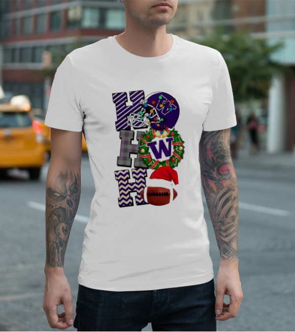 Washington Huskies Football Christmas Helmet Wreath Football Santa Hat Ho Ho Ho T-Shirt