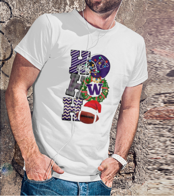 Washington Huskies Football Christmas Helmet Wreath Football Santa Hat Ho Ho Ho T-Shirt