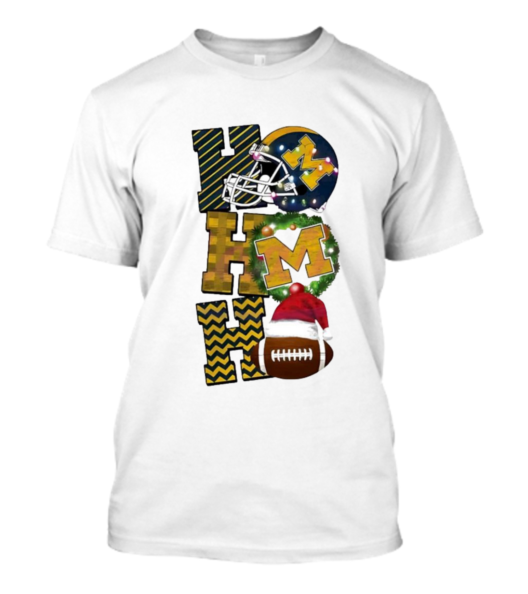 Michigan Wolverines Football Helmet Wreath Christmas Ho Ho Ho T-Shirt