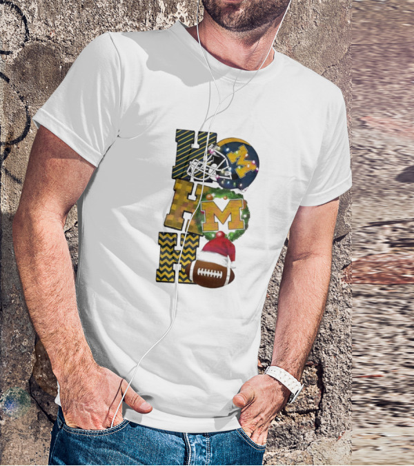 Michigan Wolverines Football Helmet Wreath Christmas Ho Ho Ho T-Shirt