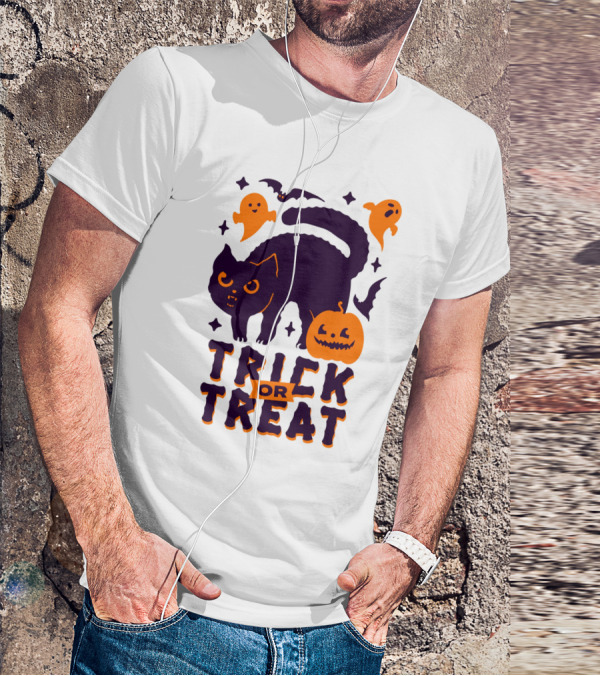Trick Or Treat Halloween Cats Pumpkins Ghosts And Bats T-Shirt