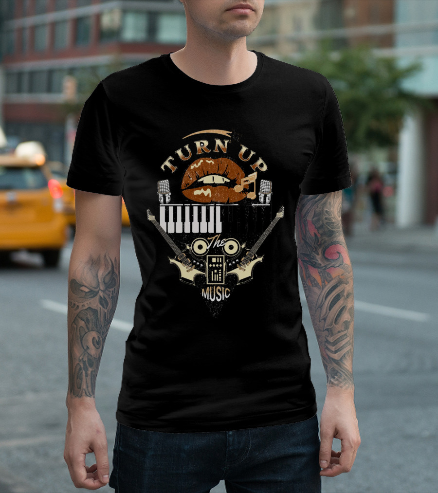 TURN UP THE MUSIC Keyboard Guitars And Microphones T-Shirt