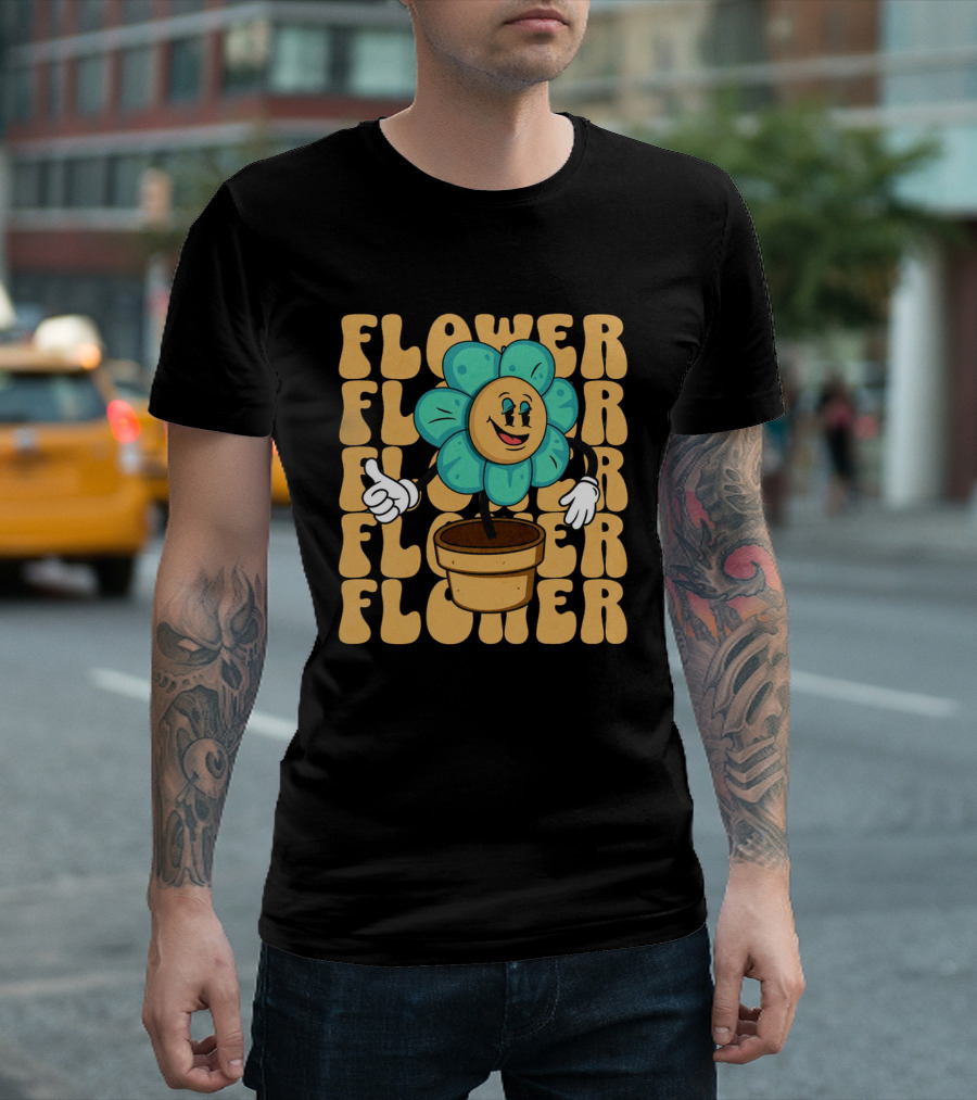 Flower Happy Blue Petal Character in Pot with Groovy Text T-Shirt