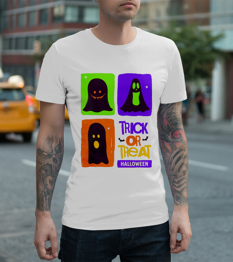 Halloween Trick Or Treat Ghosts in Colorful Boxes T-Shirt